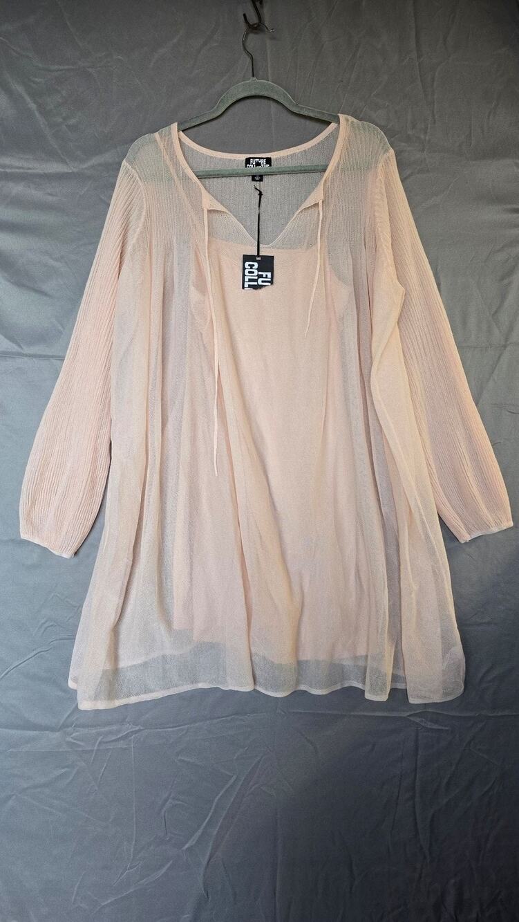 Future Collective Blouse Womens Medium Pink Sheer Mesh 3/4 Sleeve Tunic Top